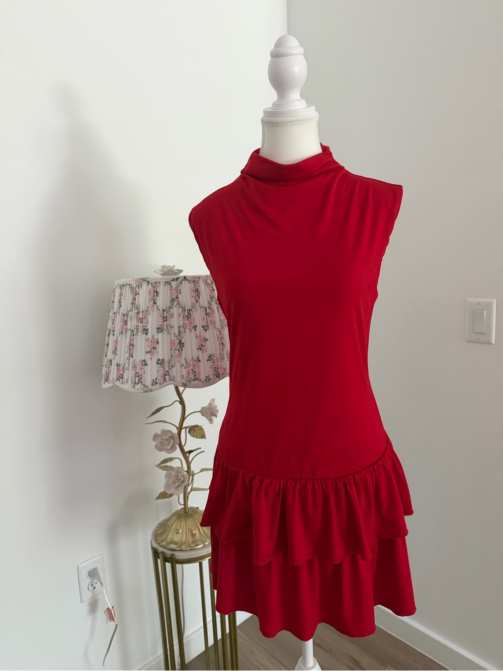 Wild fable Mock Neck‎ Sleeveless Red Mini Dress with Tiered Ruffle Hem